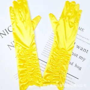 Bright yellow satin pleated long gloves for women, elegant evening dress wedding accessories.