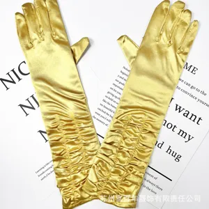 Gold satin ruched long gloves for wedding bridal evening party elegant costume accessory.