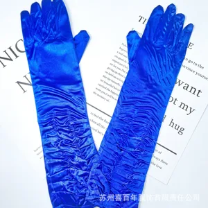 Royal blue satin ruched long gloves for wedding bridal ceremonial evening party wear.