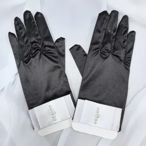 Women's Satin Mesh Bridal Wedding Gloves Short Evening Party Gloves Bow Pearl Decorated Formal Dress Accessories