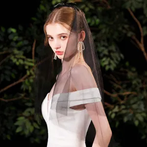Elegant black bridal veil with a chic double bow, perfect for weddings, registry, and events.