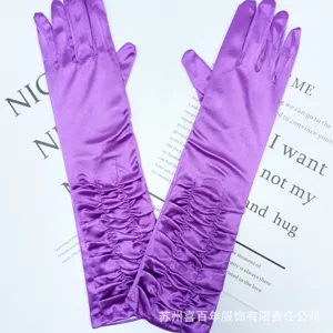 Purple satin long gloves, ruched pleated design, elegant evening bridal formal dress accessories.