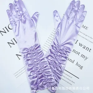 Satin ruched long gloves in light purple, ideal for bridal wedding dress and formal evening party.