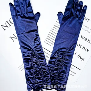 Dark blue satin ruched long gloves for women evening party wedding opera dress etiquette.