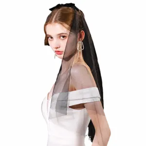 Black bridal veil short wedding veil with double bow hair accessory for women simple veil