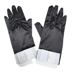 Black satin bridal gloves with white pearl cuffs, short full-finger evening wedding party gloves for women.