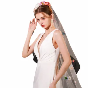 Voile de mariée long de 3 mètres avec couronne de fleurs, robe de mariée féerique photo.