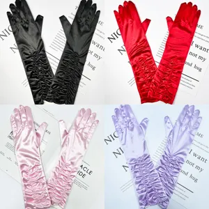 Women Long Satin Gloves Pleated Full Finger Ceremonial Gloves For Bridal Wedding Dress Evening Party Operas Prom Gloves