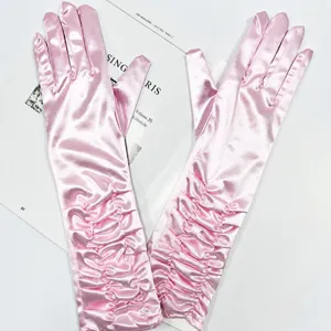 Pink satin gathered long gloves for women, elegant evening party bridal wedding dress costume accessories.