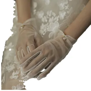 Elegant bridal white sheer short mesh gloves with pearl charm for wedding and photography.