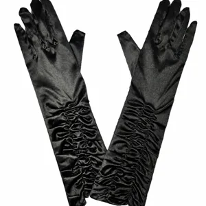 Black satin ruched opera gloves 38cm long bridal wedding dress formal evening party wear.