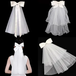 Bridal Short Double Layer White Veil With Satin Bow Hair Clip Wedding Veil For Bride Marriage Registration Photography