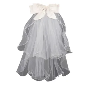 White wedding veil double layer short bridal veil with elegant satin bow headpiece.