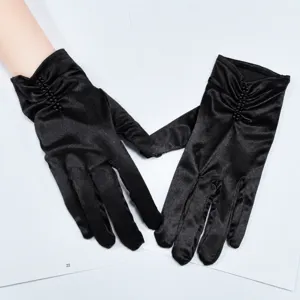 Women Short Satin Gloves Pearl Beaded Elegant Wedding Etiquette Gloves Performance Dance Gloves Party Glove
