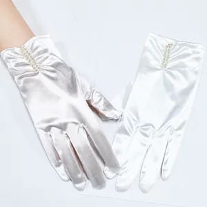White satin short gloves with pearl decoration, elegant wedding evening party accessories.