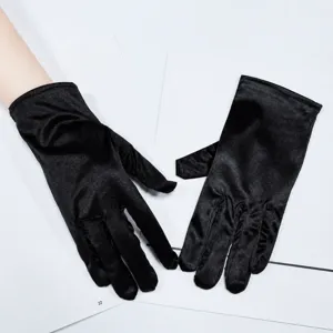 Short black satin gloves for women, elegant opera performance and wedding dress accessory.