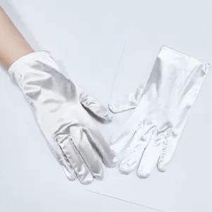 Detailed view of elegant white satin short gloves, perfect for weddings, parties, and evening events.