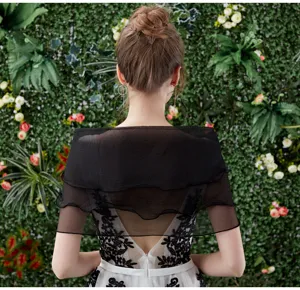 Back view detail of sheer black bridal shawl, layered mesh cape design, elegant evening wear.