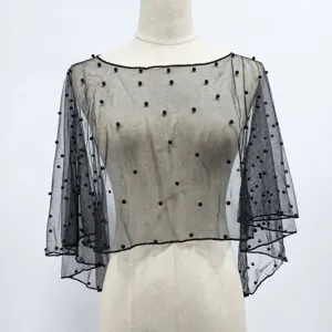 Black sheer mesh cape shawl with elegant black pearl embellishments off shoulder design.