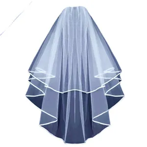White double layer bridal veil with elegant ribbon edge for wedding and party main view