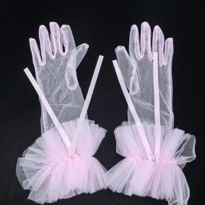 Rosa Netzspitze Rüschen Kurzarmhandschuhe Detail, zarte Schleife, elegante Partyaccessoires