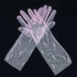 Children pink sheer mesh gloves decorated with elegant white pearls for parties and performances