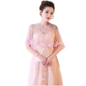 Bridal wedding dress lace shawl pink elegant cape sheer women etiquette cloak for bride