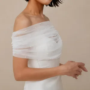 Bridal pearl mesh strapless shawl, sheer ivory wedding cape for arms, elegant bridal accessory.