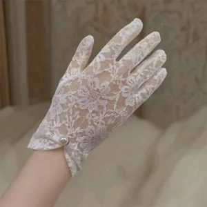 Women Short Lace Gloves Pearl Beaded Wedding Bridal Opera Party Breathable Mesh Glove Accessories