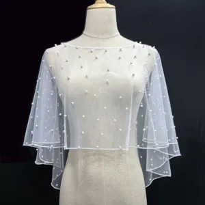 Women's Sheer Mesh Artificial Pearl Cape Wedding Shawl Bridal Capelet Evening Party Wrap Fashion Accessories