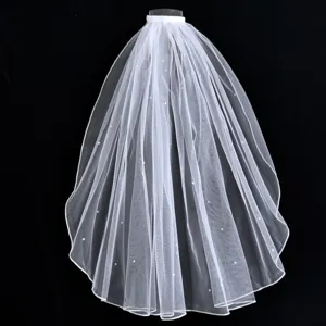 Court Voile de Mariée Double Voile Blanc Avec Perles Et Strass Coiffe de Mariage Voile Pour Femmes Accessoires de Mariée