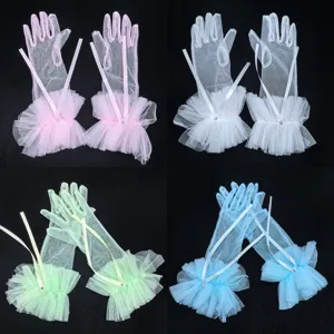 Kinder Kurze Mesh Hochzeit Handschuhe Prinzessin Schleife Rüsche Strass Party Handschuhe