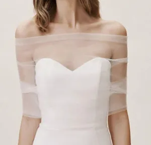 Elegant off-the-shoulder bridal tulle wrap shrug for wedding dress arm coverage white