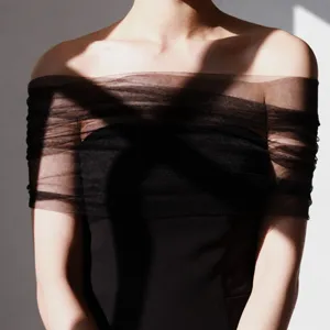 Black mesh off-shoulder shawl sheer tulle arm cover wrap chic bridal accessory detail view