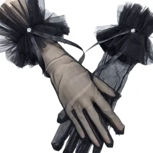 Schwarze transparente Tüll Handschuhe mit Rüschen Schleife und Strass für Party Abendkleid