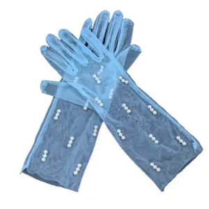 Children mesh pearl gloves, light blue sheer long gloves for party, wedding and performance.