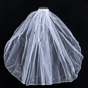 Voile de mariee blanc avec perles et strass, accessoire de cheveux court double couche.
