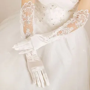 Elegant white lace long bridal gloves featuring exquisite sequin embroidery and satin details.