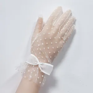 Guanti da sposa in rete bianca con fiocco trasparenti pois matrimonio festa pizzo