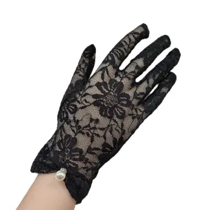Black lace short gloves with pearl charm for bridal wedding photography and opera proms.