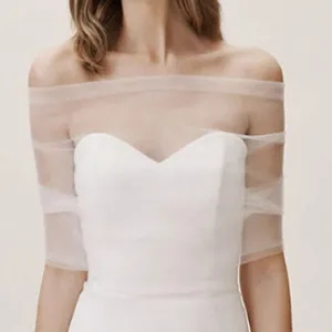 Elegant off-the-shoulder bridal mesh shawl, sheer tulle wrap for wedding dress and arm coverage.