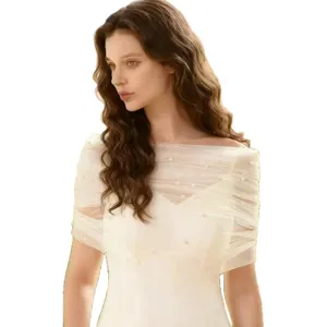 Elegant bridal pearl mesh off-the-shoulder wrap wedding shawl in classic white style