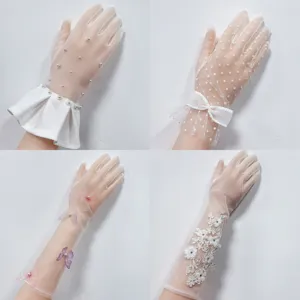 Guanti da Sposa in Rete Bianca Fiocco Perla Pizzo Guanti per Festa di Matrimonio Fotografia Accessori per Abito