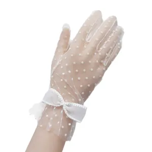 Guanti bianchi in tulle a pois con fiocco per matrimonio sposa, pizzo elegante.