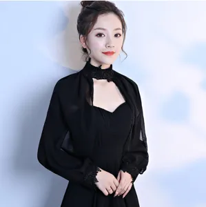 Black chiffon long sleeve shawl detail, lightweight elegant fabric with delicate lace collar.