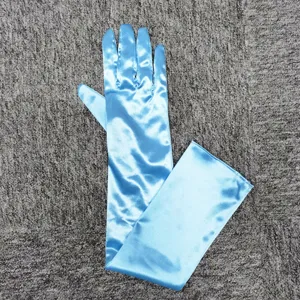 Light blue satin long evening gloves detail, elegant over-elbow design for weddings.