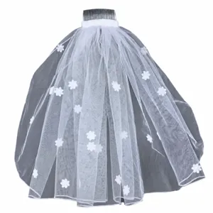 White short bridal veil with floral appliques and comb, perfect for wedding and photography.