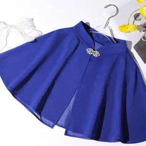 Royal blue chiffon cape short shawl with rhinestone buckle for evening dress and party wear