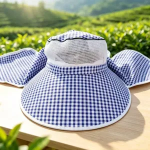 Detailed view of breathable mesh sun hat with blue gingham brim, ideal for outdoor farming use.
