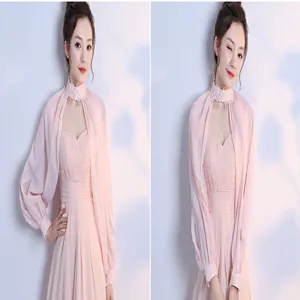 Women chiffon long sleeve shawl pink evening dress elegant summer sun protection bridal cover up